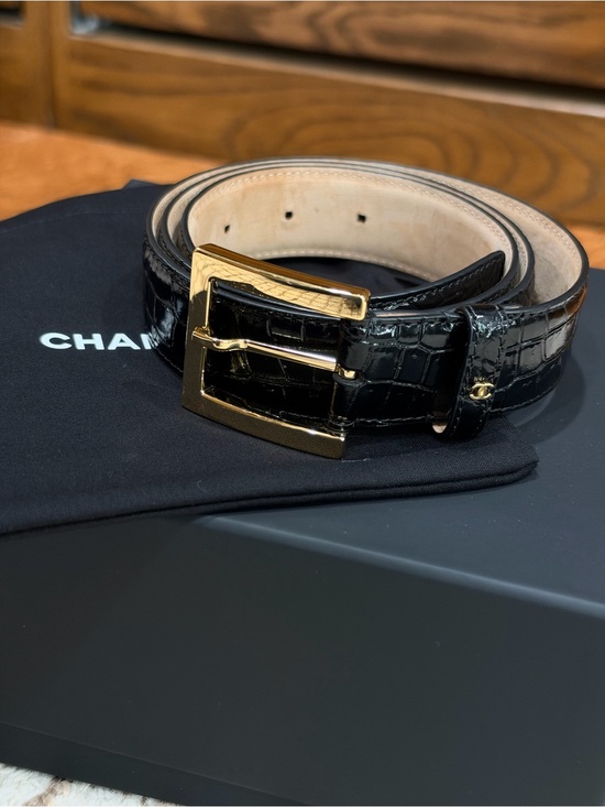 CHANEL Accessories - CHANEL Black Croc-Embossed Leather Belt with Gold Buckle size 90